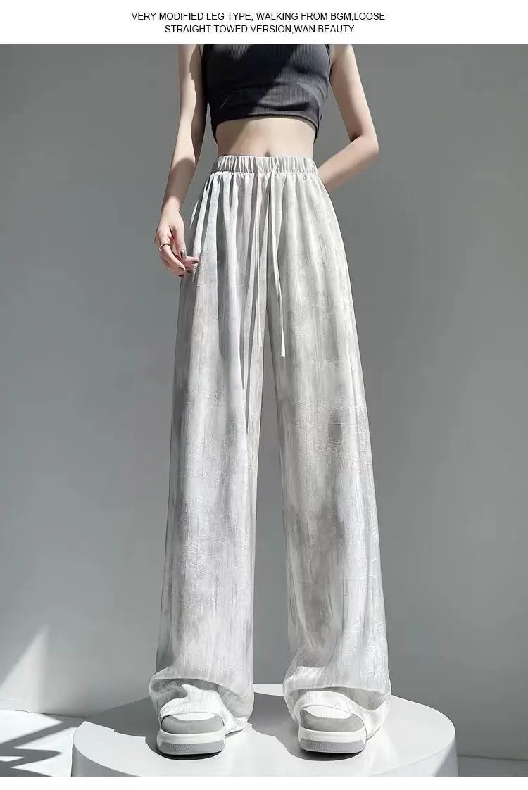 Summer Thin Ice Silk Satin Dyed Wide Leg Pants Women Loose Casual Drape High Waist Slimming Pants Ins Straight Leg Elastic Wa...