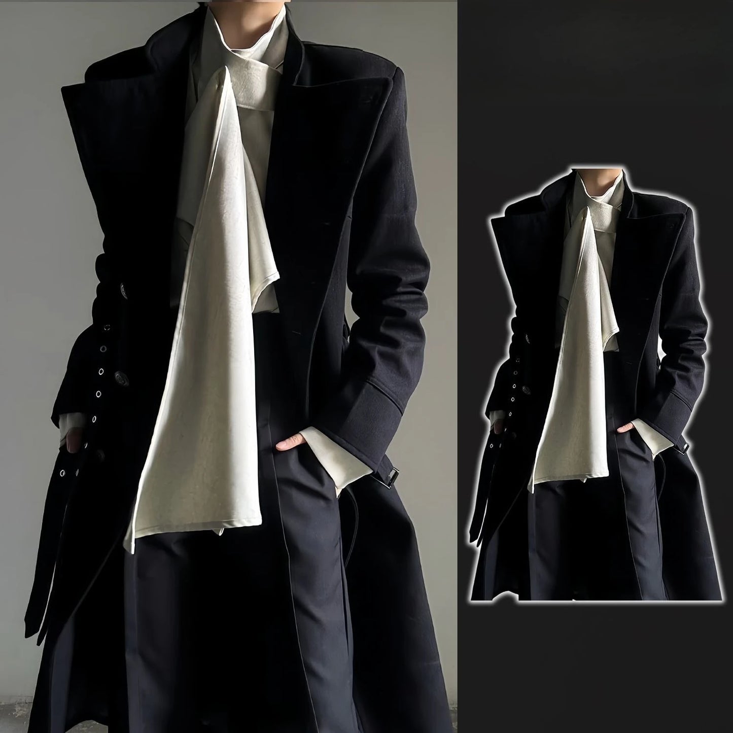 Black Belt Button Long Trench Coat Stand Collar Pad Shoulder Slim Fit Military Uniform  Cosplay Spring Autumn Unisex Men Women