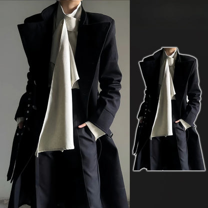 Black Belt Button Long Trench Coat Stand Collar Pad Shoulder Slim Fit Military Uniform  Cosplay Spring Autumn Unisex Men Women