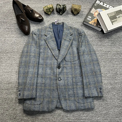 Vintage Unisex Woolen Suit Jacket Simple Casual Plaid Retro Style Warm Windproof Interview Commuting Business Casual Wear