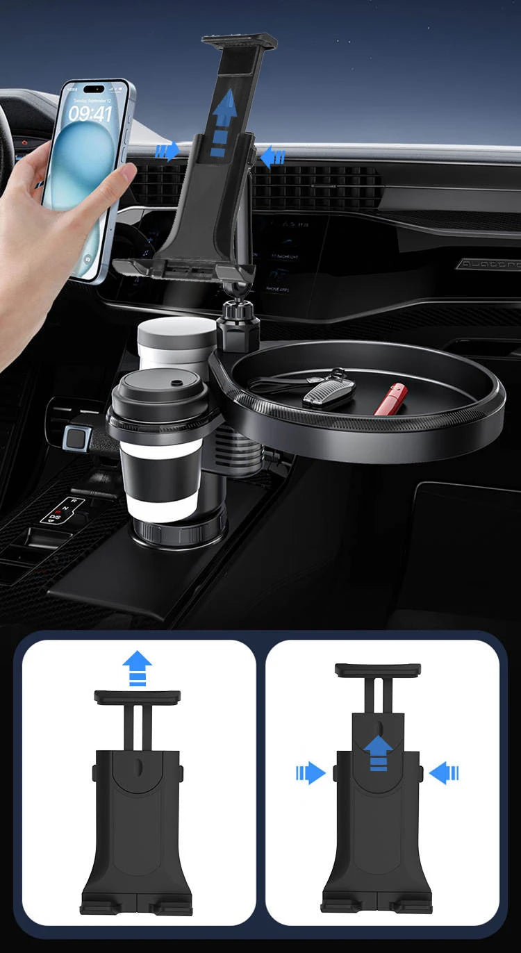 New Car Cup Holder Tray Adjustable with Phone Holder Tablet Tray Table 2 Cup Holders Road Trip & Car Traveling Essential Gadget
