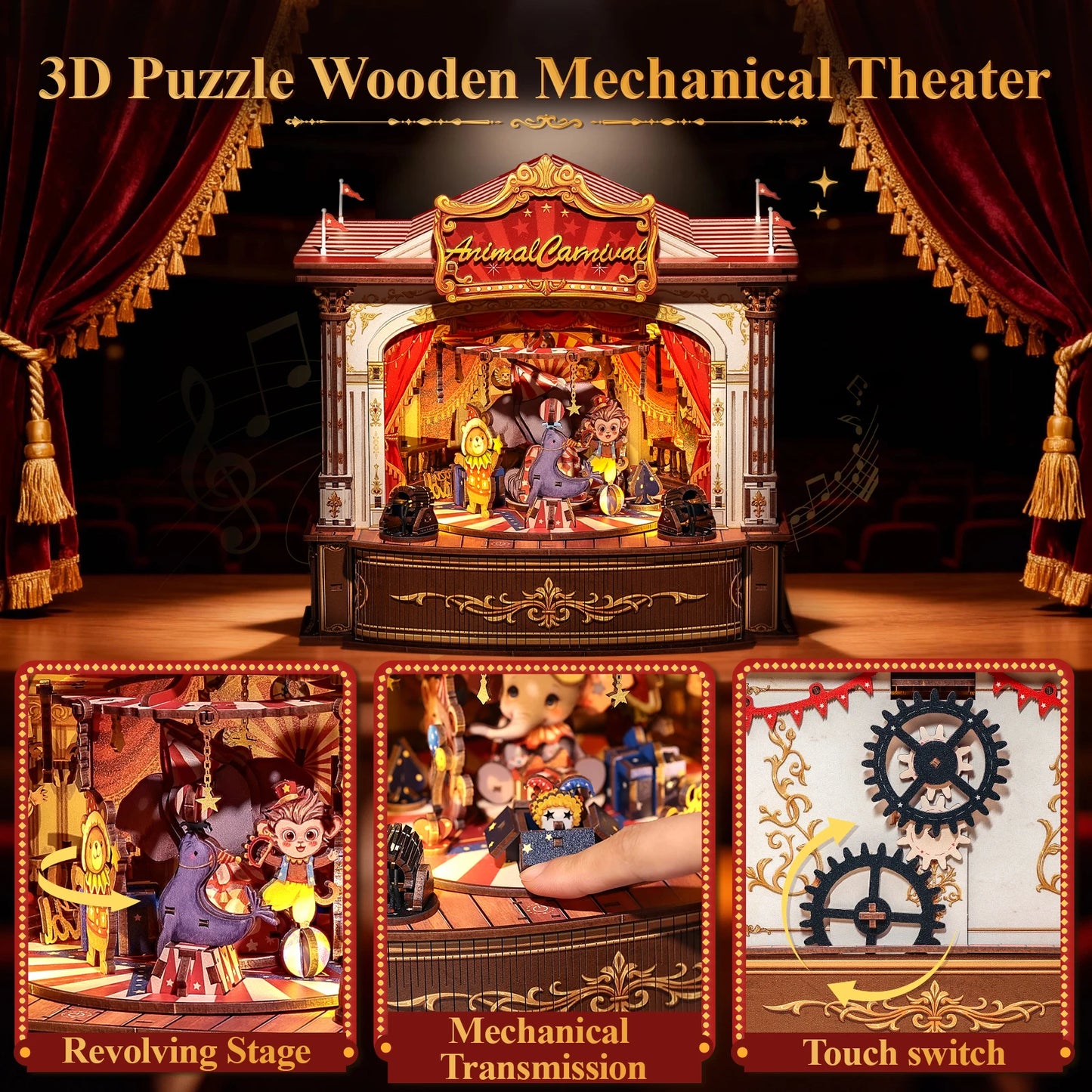 CUTEBEE Animal Carnival DIY Music Box Kit Wooden 3D Puzzle Miniature Dollhouse Cute Animal Figures Handcrafted Model for Desk De