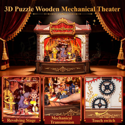CUTEBEE Animal Carnival DIY Music Box Kit Wooden 3D Puzzle Miniature Dollhouse Cute Animal Figures Handcrafted Model for Desk De