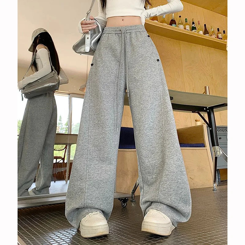 Girls Solid Loose Fit High Waist Trousers 2025 Classic Female Wide Leg Sweatpants Women Korean Fashion Casual Pants