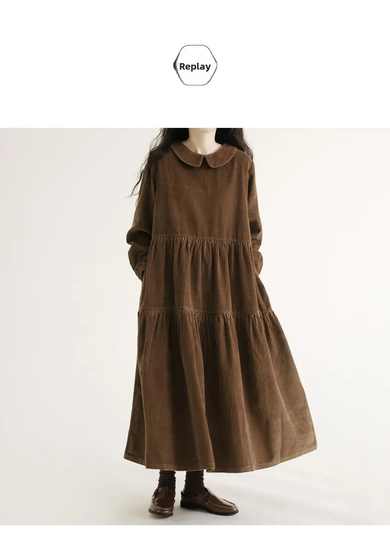 Japanese Style Long Sleeve Corduroy A-Line Dress Loose Slimming Simple Design Women's plus Size Dress Daily Wear Long Dress