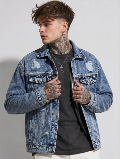 1PC Men’s Simple Solid Denim Jacket Daily Leisure Outerwear No Extra Decorations Excluding Hoodie Sweatshirt