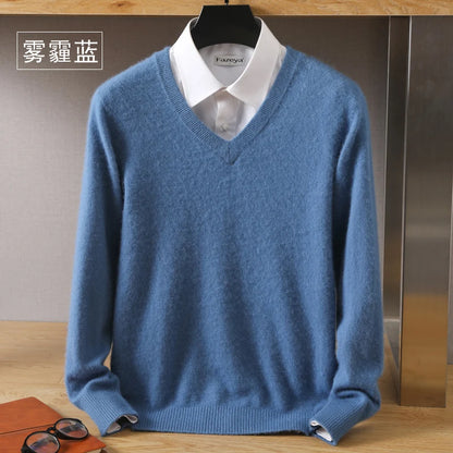 100% Pure Mink Cashmere Sweater Men's V-Neck Pullovers Knit Large Size Mink Sweater Winter New Long Sleeve High-End Jumpers Tops