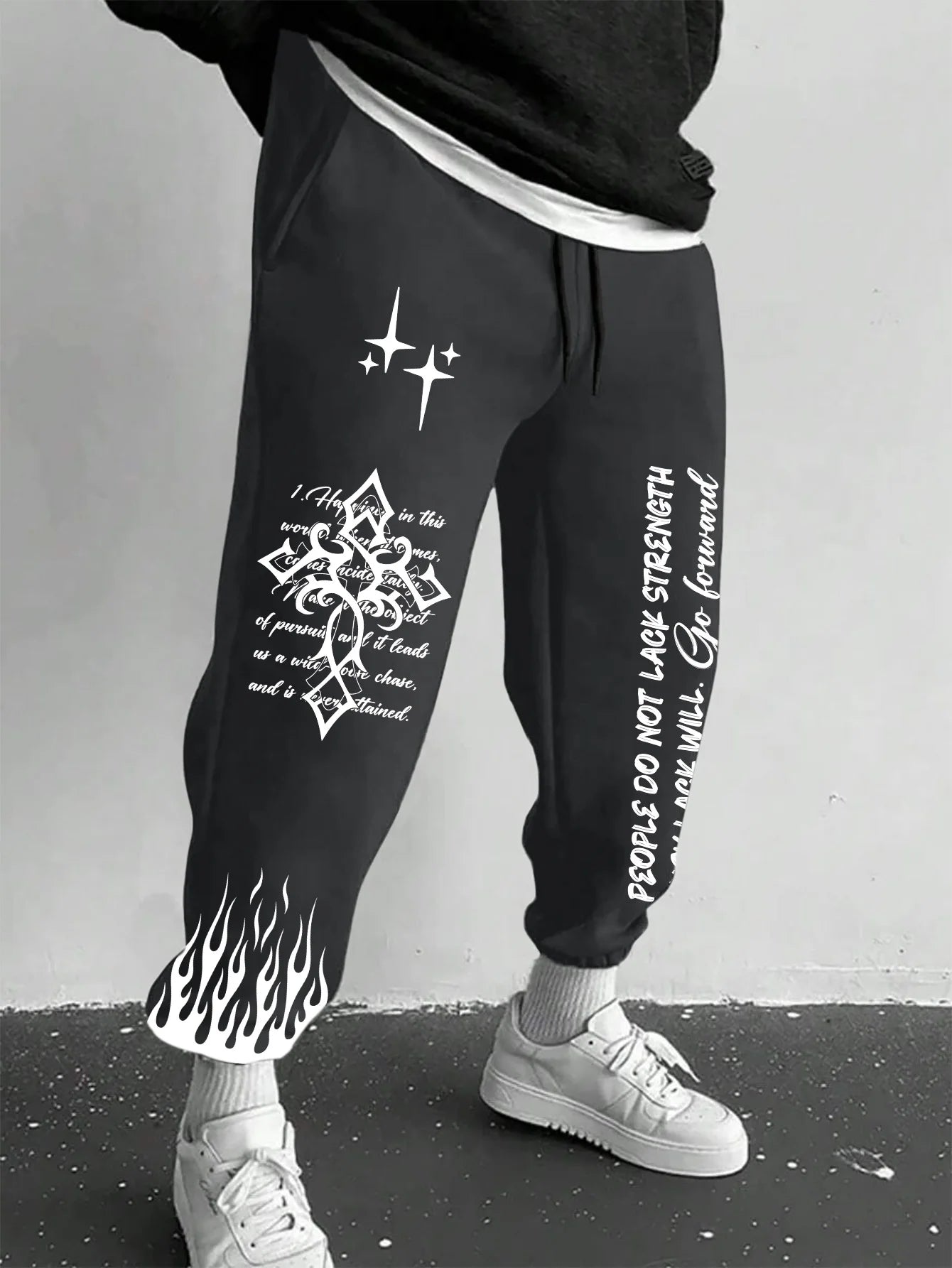 Men's Retro Vintage Script Letter Flame Graphic Joggers Elastic Cuff Sweatpants Popular Streetwear Casual Pants