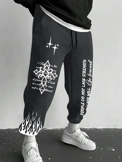 Men's Retro Vintage Script Letter Flame Graphic Joggers Elastic Cuff Sweatpants Popular Streetwear Casual Pants