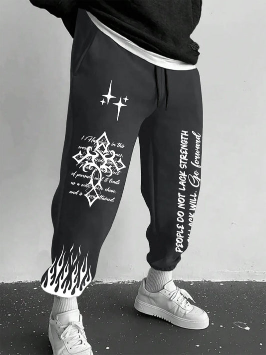 Men's Retro Vintage Script Letter Flame Graphic Joggers Elastic Cuff Sweatpants Popular Streetwear Casual Pants