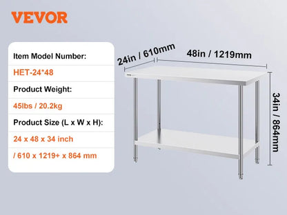 SucceBuy 4 Size Stainless Steel Prep Table Heavy Duty Metal Worktable Commercial Work Table for Restaurant and Home