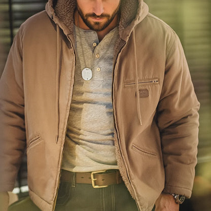 Maden Retro J141 Active Hooded Jacket Solid Color Sherpa Fleece Cotton-padded Coat with Velvet Warm  Canvas Outerwear for Men