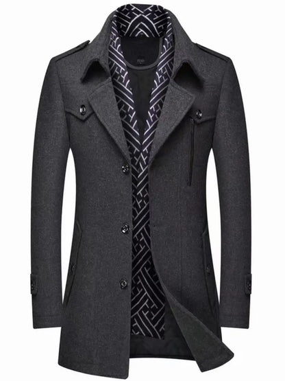 Thickened Men's Woolen Coat Scarf Collar Mid-Length Tweed Outerwear Winter Fashion Slim Fit Pocket Detail Pure Color Design