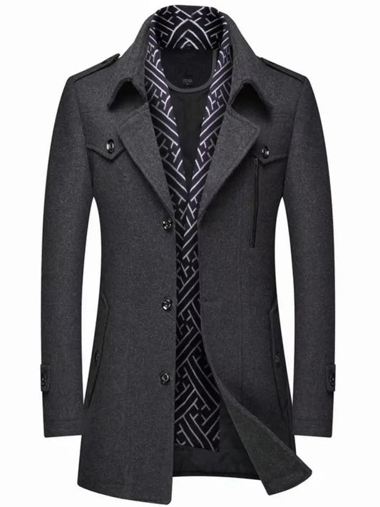 Thickened Men's Woolen Coat Scarf Collar Mid-Length Tweed Outerwear Winter Fashion Slim Fit Pocket Detail Pure Color Design