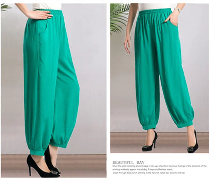 High Waist Lantern Pants Casual Cotton Silk Large Size Printed Long Trousers for Middle-Aged And Elderly Women
