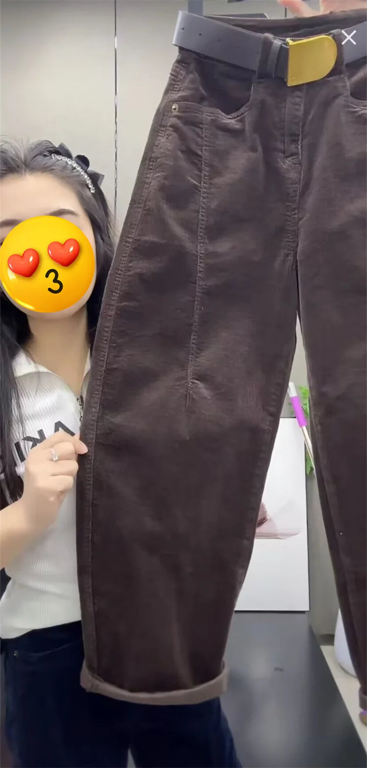 High Waist Cotton Corduroy Harlan Pants Slim Fit Casual Nine Point Knife  Straight Leg Crop Leisure Long Trousers