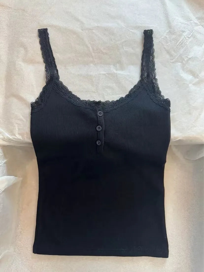 Lace Trim Buttons Solid Tank Top Women U Collar Sleeveless Cotton Slim Camis Sweet Chic Casual Preppy Style Vest Crop Tops Y2k