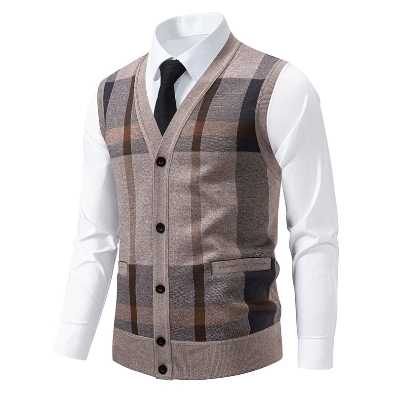 New Mens Fleece Knitted Vest Sleeveless Autumn Winter V Neck Sweater Vest Button Front Knit Cardigan Vest