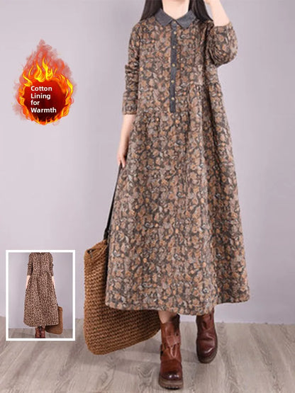 Retro Cotton Linen Long Dr Large Size Women's Faion Warmth  irt A-Line Skirt Floral Print Comfortable Loose Fit