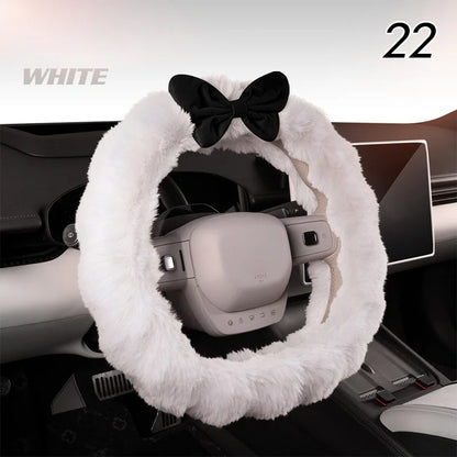 Winter Plush Car Seat Cover Bowknot Fashion Cute Women's Automotive Interior Protector Steering Wheel Warm Cushion Car Pillow