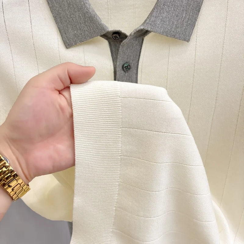 Quality Designer Brand Men Short-Sleeved Knitted Shirt Lapel Button Flax-Containing British Style Summer Leisure Men's Clothing
