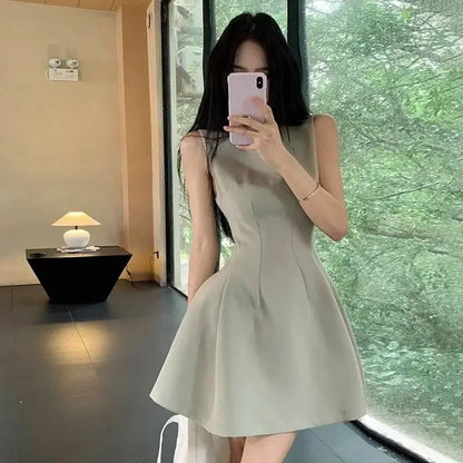 Summer New Women's Sleeveless Vest Dress Pure Color Waist-Cinching Slimming A-Line Skirt Short Dress Regular Sleeve Polyester