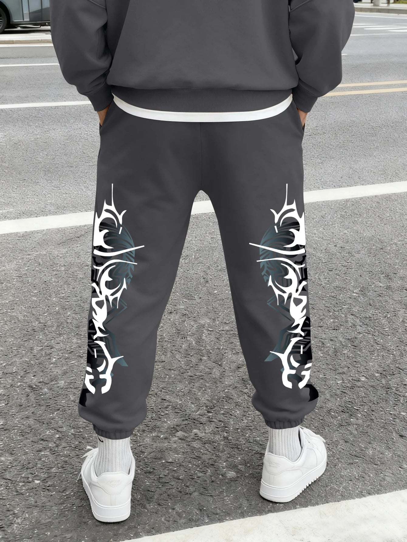 Men's Gothic Double Side Thorn Tribal Abstract Print Sweatpants Elastic Waist Soft Fabric Dark Punk Street Hip Hop Joggers