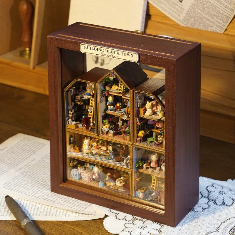 Dollhouse Diy Wooden Miniature Furniture With LED Case 6 complete sets of mini exquisite toy models for building block towns