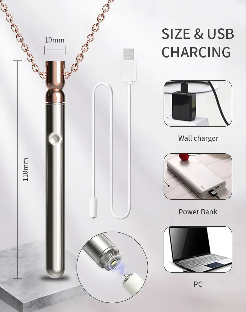 Necklace Bullet Vibrators Rechargeable Portable Stainless Steel Sliver Vibrating Pendant Massager Discreet Sex Toys For Women