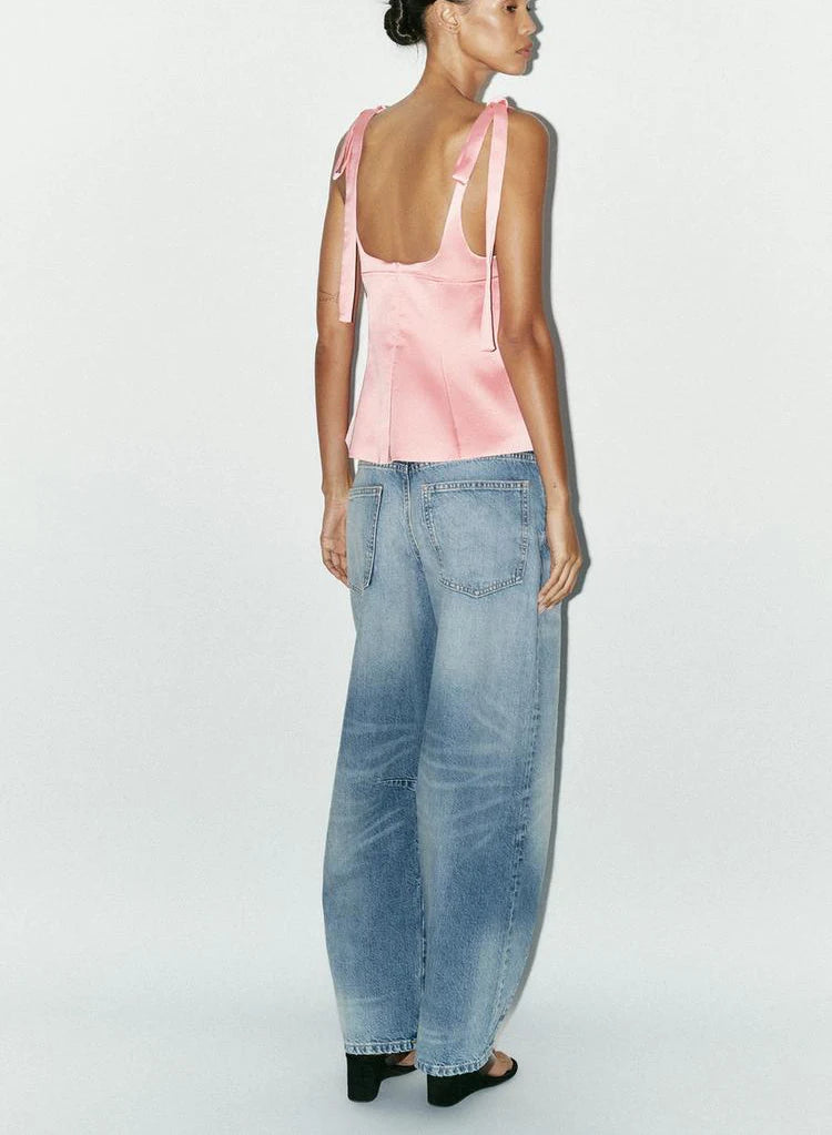 Summer New Women's Simple Style V-neck Sleeveless  Knot Decorated Silk Satin Feel Strap Top Original Design Slim Fit