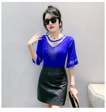 Sexy Hollow out Mesh Seven Quarter Sleeve Fashion Trend Summer T-Shirt Women Slimming Versatile Top Half Sleeve Small Shirt