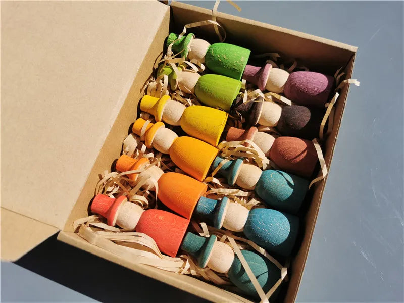 Rainbow Wood Peg Dolls Pastel Color  Wizard Figures Montessori Toy For Kids Block Play