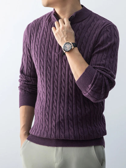 Autumn Winter For Men's Twisted Sweater Wool Knitted  Half Open Zipper Half High School Round Neck Stand-up Collar Thickened Top