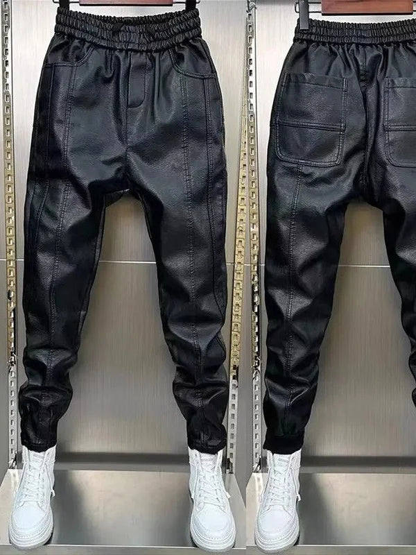 Men's Fleece Lined Thickened Leather Pants Motorcycle Delivery Rider Biker Trousers Warm Windproof Waterproof for Autumn Winter