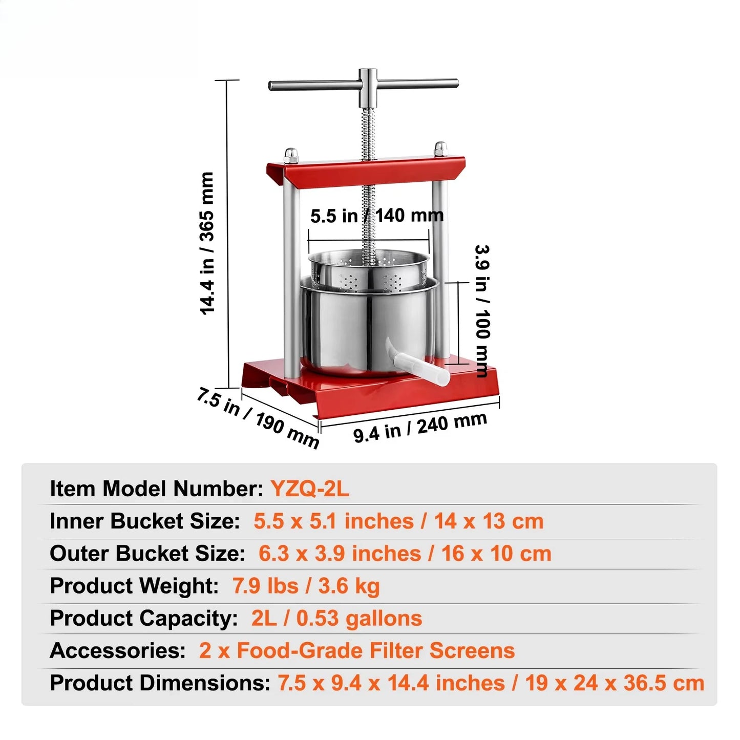 2L 3L 6L Manual Fruit Press Stainless Steel Household Manual Squeezer Cider Vegetables Juice Extractor for Home Kitchen