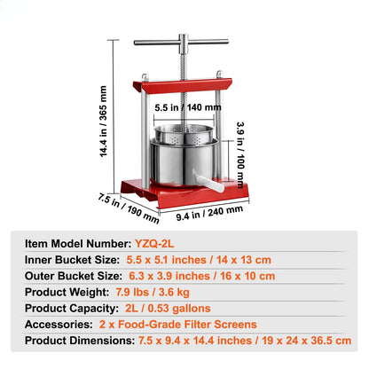 2L 3L 6L Manual Fruit Press Stainless Steel Household Manual Squeezer Cider Vegetables Juice Extractor for Home Kitchen