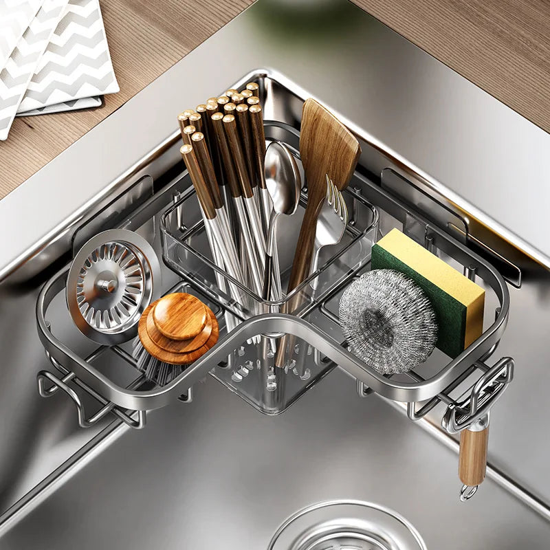 Kitchen Carbon Steel Sink Drain Rack No-Punching Wall Mounted Corner Dishcloth Storage Rack Waterproof Space Saving