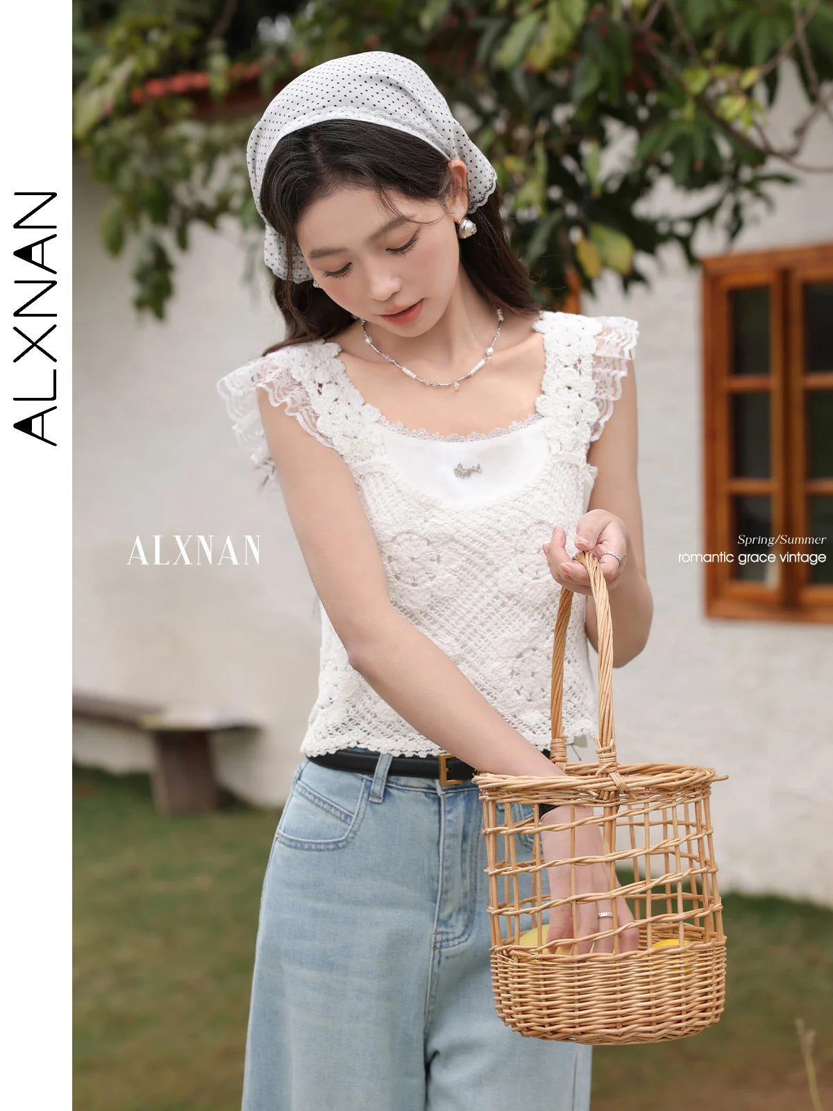ALXNAN White Tank Tops 2026 Summer Elegant Cotton Women's Camisole Lace Fake Two-piece Design Chic Sleeveless Tops Ladies L53815