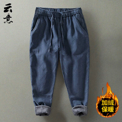 Men's Winter Thickened Cotton Linen Casual Pants Loose Fit Thermal Long Trousers Traditional Chinese Style Warm Cotton Padded