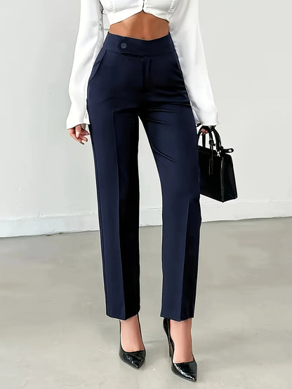 Navy Blue High Waist Trousers Tailored Straight Leg Office Pants with Button Closure Elegant  Comfortable for Work  Casual