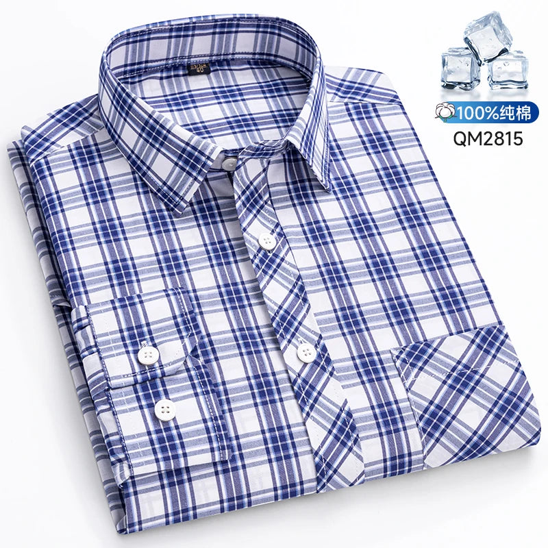 The New Men's Long-Sleeved Shirt Is Cool and Casual. It's a Thin, All-Cotton, Streetwear Checkered Style for Spring and Summer