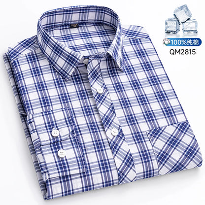 The New Men's Long-Sleeved Shirt Is Cool and Casual. It's a Thin, All-Cotton, Streetwear Checkered Style for Spring and Summer