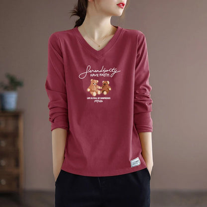 Pure Cotton Long Sleeve Women's T-shirt Autumn Season Versatile Base Layer Top Commute Style Loose Fit Regular Thickness