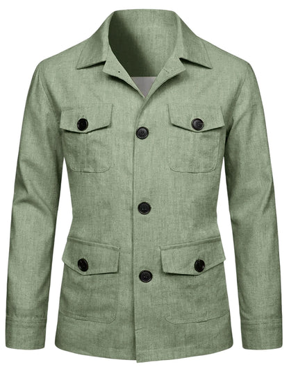 Men's Linen Blend Safari Jacket Retro British Style Multi-Pocket Workwear Coat Business Casual Suit Blazer for Spring Summer