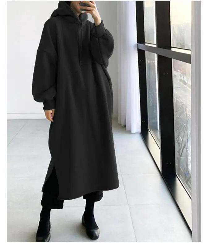 Korean Style Fleece Lined Long Hoodie Dress Women's Thickened Split Slimming Autumn Winter Dress Cotton Polyester Blend