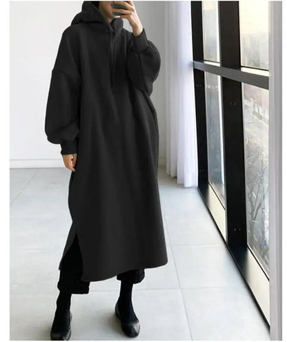 Korean Style Fleece Lined Long Hoodie Dress Women's Thickened Split Slimming Autumn Winter Dress Cotton Polyester Blend