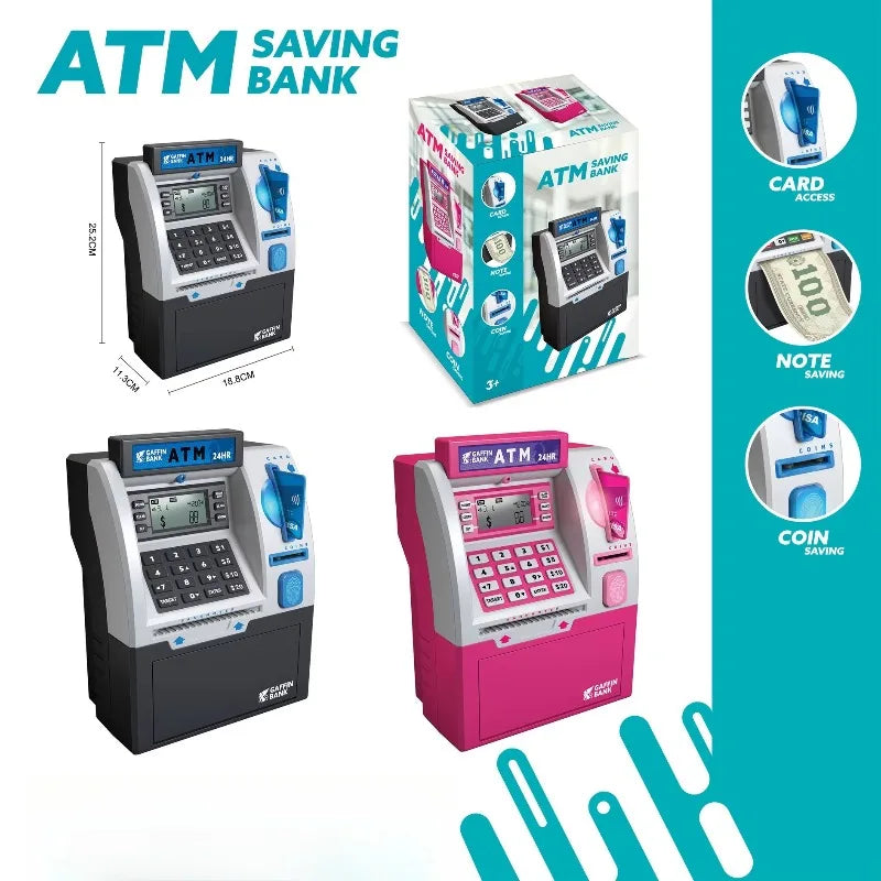 Children Mini Bank Electric ATM Machine Simulation Savings Piggy Bank with Power-Off Memory and Debit Card Pretend Toys for Kids