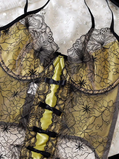 Precious Satin Feeling Lace Camisole Lingerie Set Large Size Women Push Up Underwear Fixed Double Shoulder Straps Bras