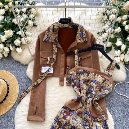 Ele Bear Embroidery Blouse And Skirt Set Women's Faionable ort Svel Suit Jaet High Waist Casual Workwear