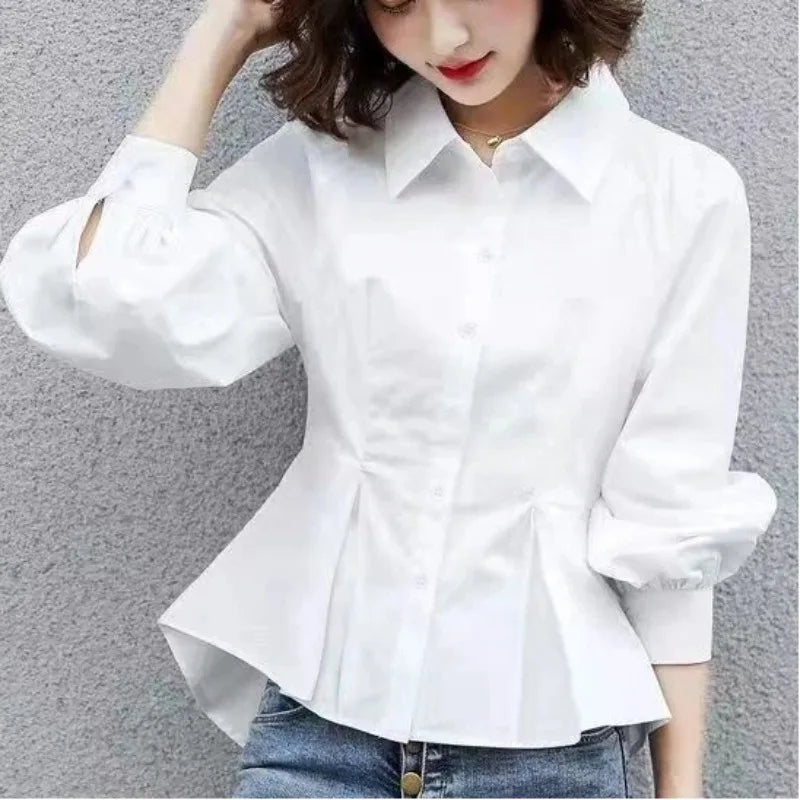 Fashion Simplicity Trend Temperament Spring New Women’s Slim Waist Button Shirt Long Sleeve Pure Color Chic Design Shir Tops